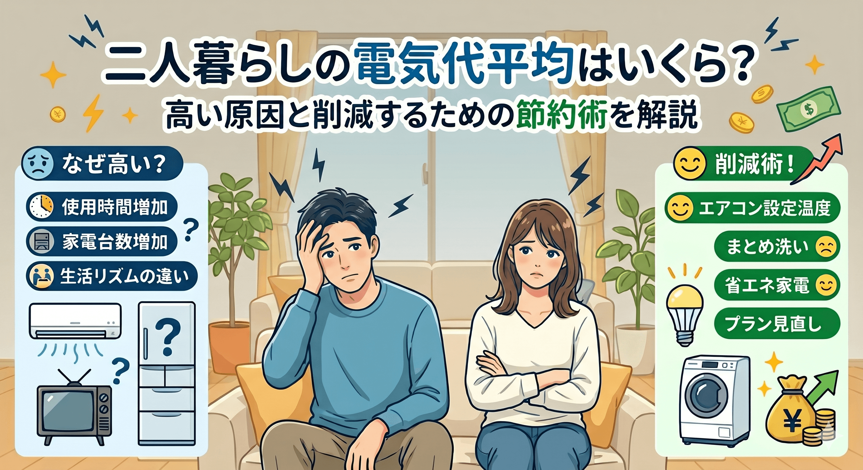 二人暮らしの電気代平均はいくら?高い原因と削減するための節約術を解説