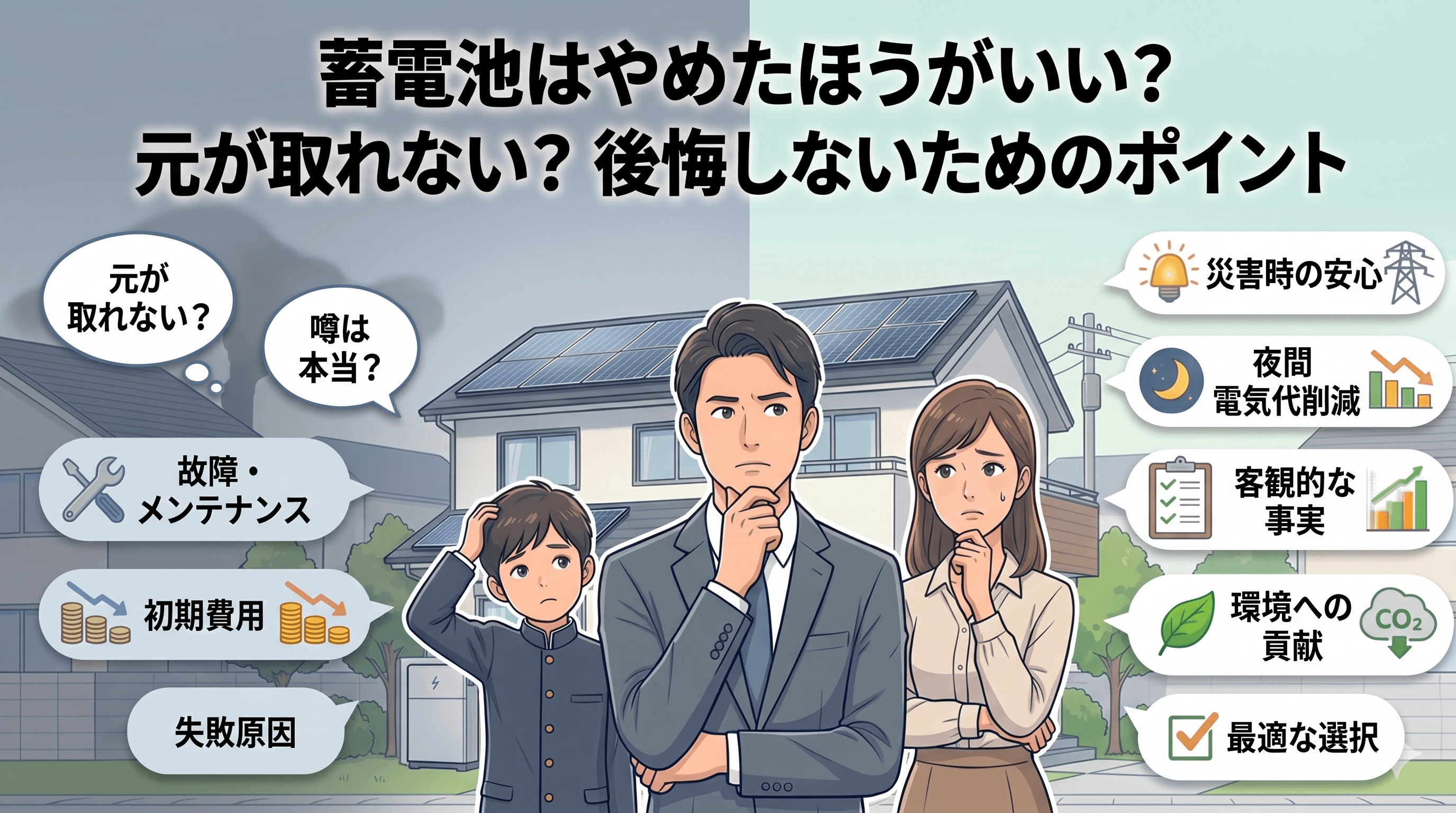 蓄電池はやめたほうがいい?元が取れない?後悔しないためのポイント